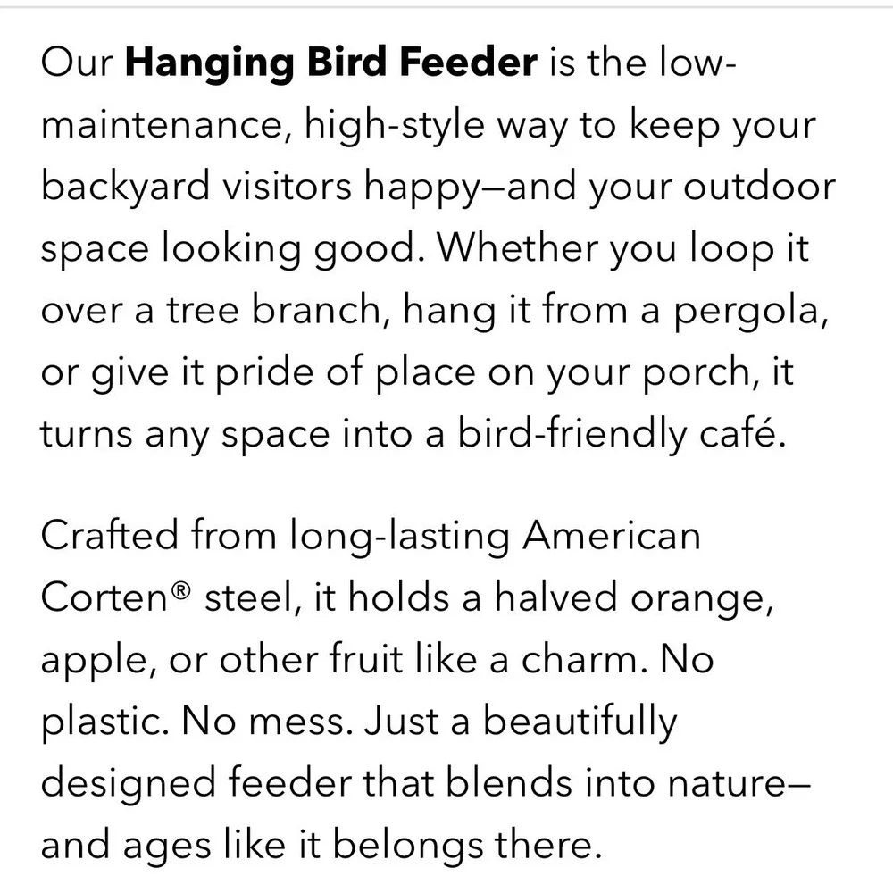 Metalbird‎ Hanging Bird Feeder Outdoor Tree Corten Steel Art Nature Gift USA NIB